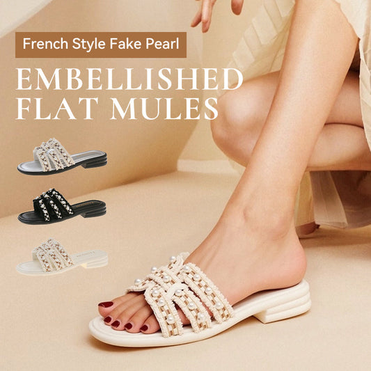 French Style Fake Pearl Embellished Flat Mules