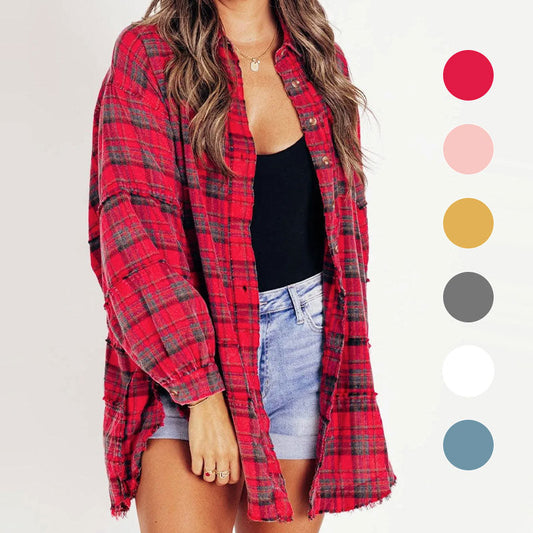 Women's Seams Raw Edge Washed Oversized Shirt Jacket With Pockets