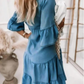 👗V-Neck Ruffle Trim Summer Dress – Lightweight Denim Look