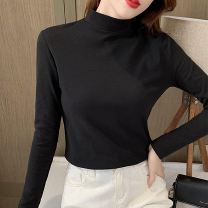 Women's Comfortable Solid Color Half High Neck Long Sleeve Top
